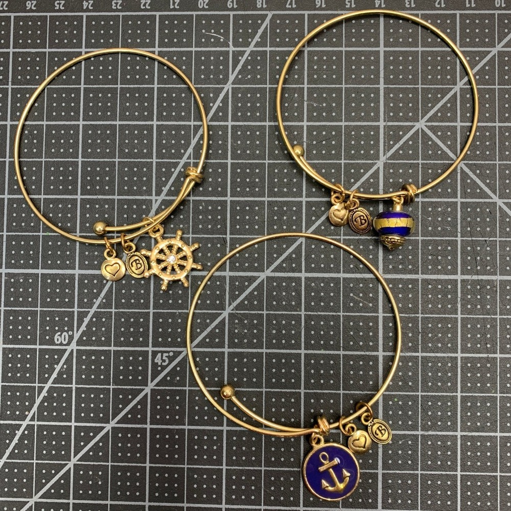 Bourbon and Boweties Nautical Bangle Set Gold Navy Blue Anchor Ship‎ Wheel 3pc